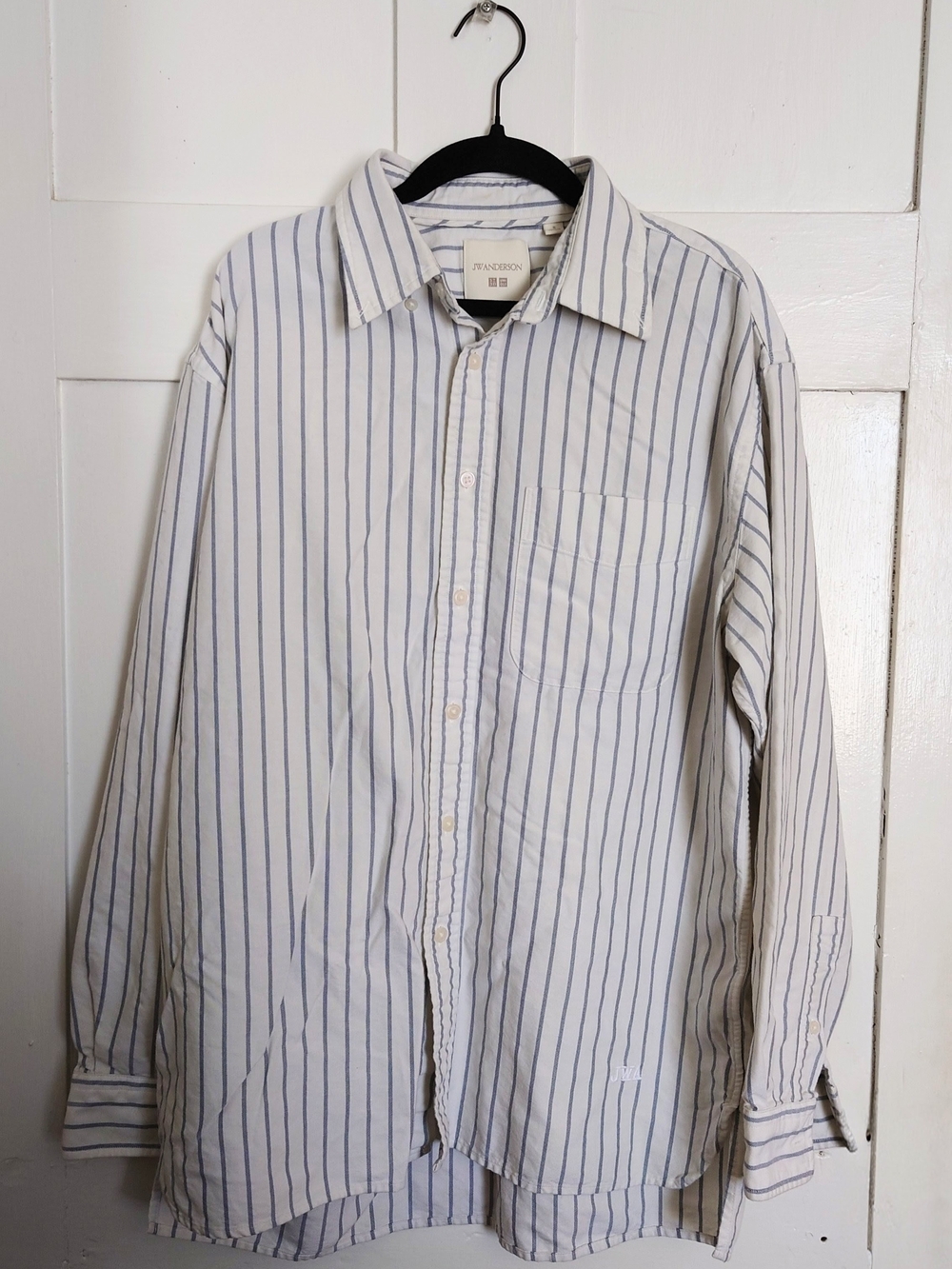Uniqlo JW Anderson Men's White and Blue Stripe Button-Up Shirt